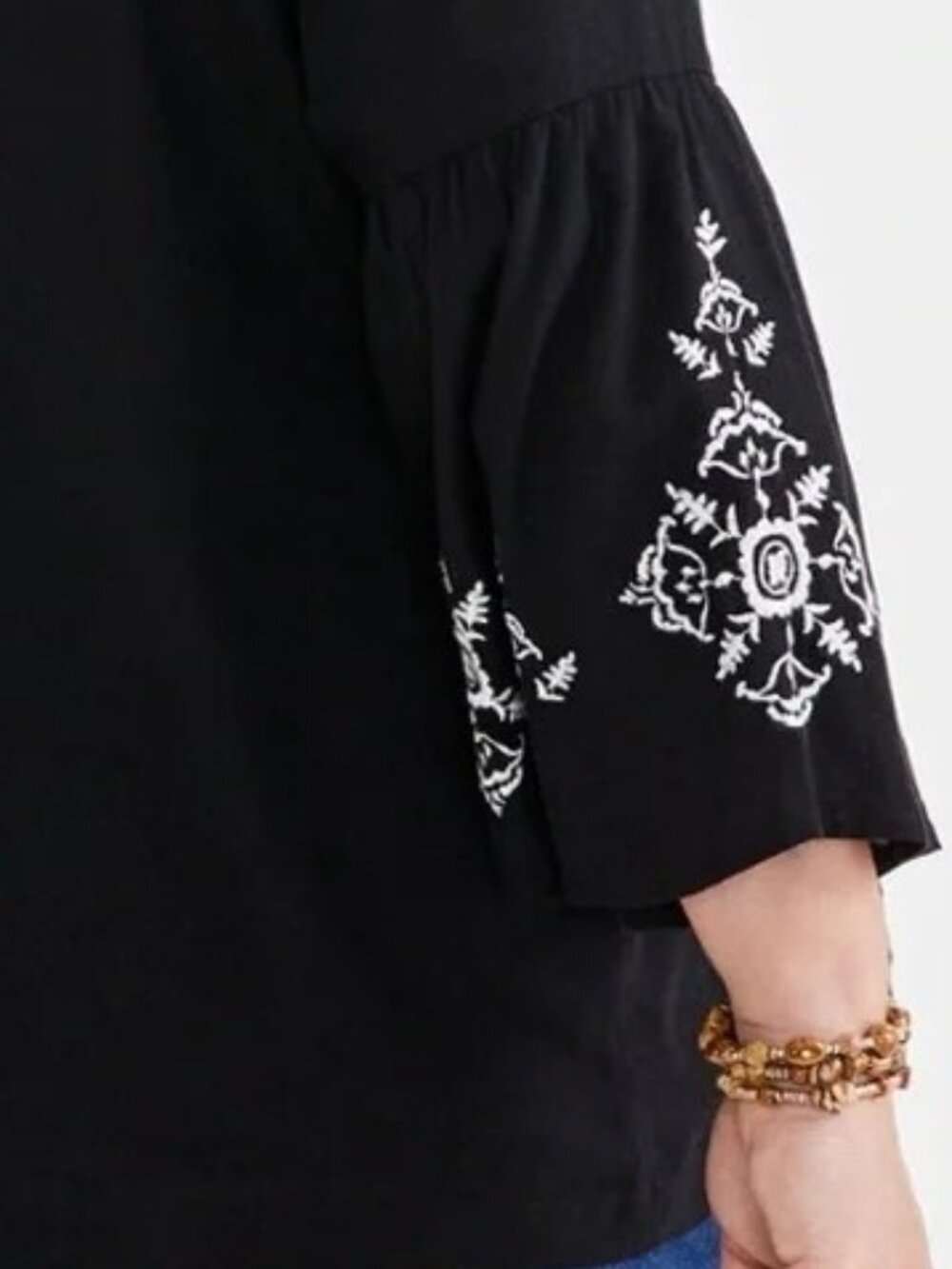 Style & Co Pintuck Black Blouse White Embroidered Accents Bell Sleeves NWT - Picture 5 of 10